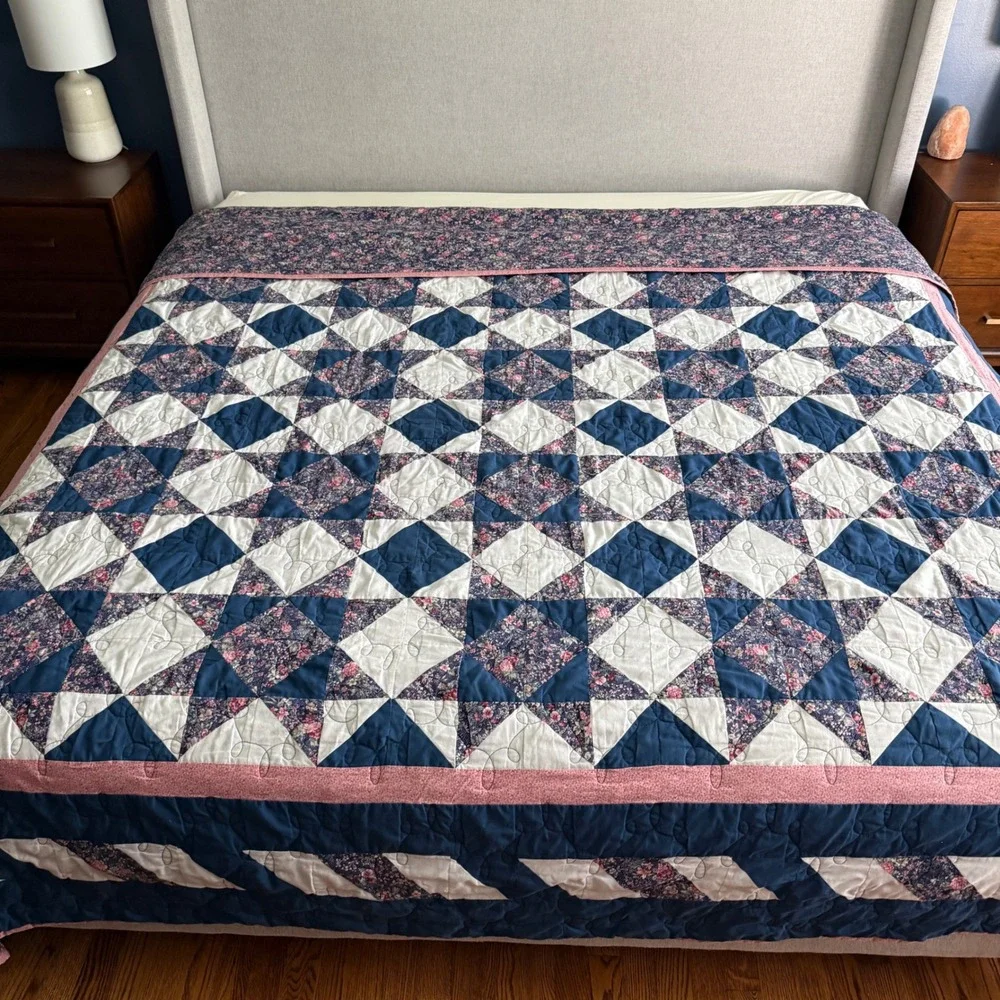 Vintage Handmade Star Patchwork Quilt Navy Pink Floral 100x101 King Queen 1999